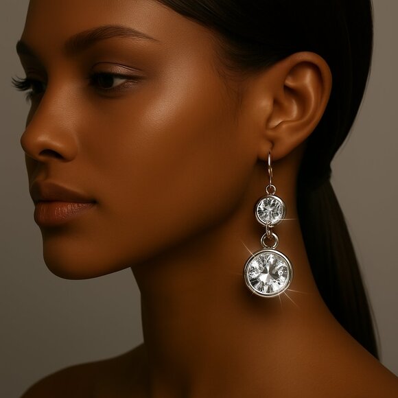 Glamorous Double Crystal Drop Earrings – Clear Statement Sparkle for Women, 1.5" - Picture 1 of 8